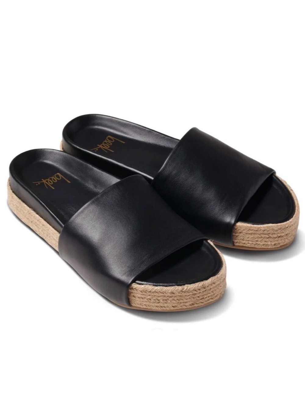 Like New Beek Pelican Jute Black Leather Platform Slide Sandals